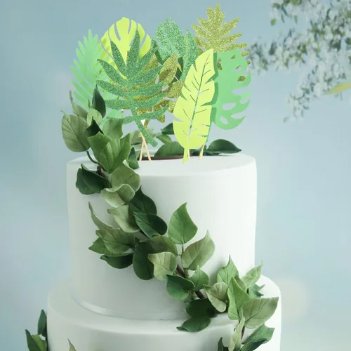 Miniatura 2 de 16 piezas de hojas tropicales con purpurina para tartas tropicales, decoración para tartas de boda, decoración de pastel de hojas de palmera