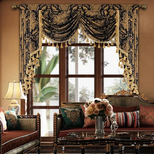 Miniatura 50 de Loom and Mill Cenefa de cascada de lujo de jacquard para sala de estar, elegantes cenefas de ventana con festones y cuentas damascadas, cortinas