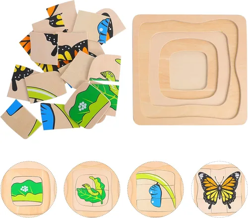 Miniatura 6 de jojofuny Tablero de rompecabezas de madera 3D de animales y plantas, juguete educativo multicapa para niños, rompecabezas portátil para entrenar