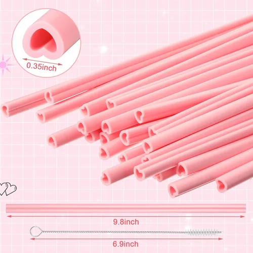 Miniatura 2 de Jutom Paquete de 25 pajitas en forma de corazón de San Valentín de 9.8 pulgadas reutilizables de silicona con 2 cepillos de limpieza para regalos