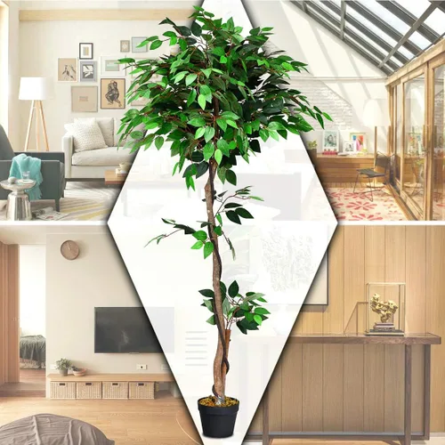 Miniatura 9 de Goplus Árbol artificial de hoja de seda de ficus de 5.5 pies, árbol falso en maceta con hojas verdes y tronco natural, sin mantenimiento, planta