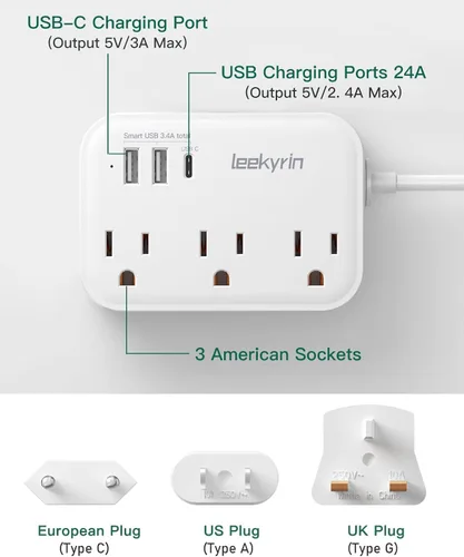 Miniatura 8 de Adaptador de enchufe de viaje europeo, regleta de corriente de EE. UU. a Reino Unido Europa para UE/RU/EE. UU. con USB C, 3 puertos USB 3 tomas