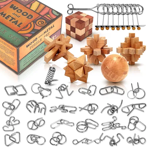 Rompecabezas de madera y metal - Relleno para calcetines Rompecabezas chinos de anillos mágicos, juego de desentrañar, enlaces de hierro, juego de