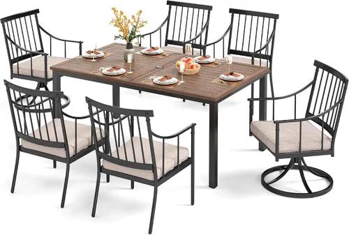 Miniatura 26 de PHI VILLA Juego de comedor al aire libre de 7 piezas con cojín, mesa de comedor rectangular de metal de 60 pulgadas con agujero para sombrilla y 6