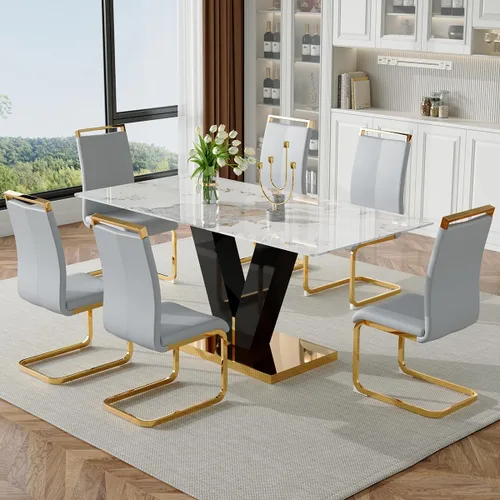 Miniatura 13 de Juego de mesa de comedor para mesa de comedor de mármol de 6,71 pulgadas, mesa de cocina moderna con 6 sillas de piel sintética, juego de mesa