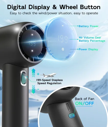 Miniatura 5 de Ventilador portátil recargable – Ventiladores de mano turbo de alta velocidad de 15000 RPM con pantalla digital – Ventilador USB alimentado por
