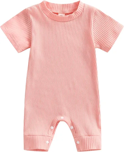 BULINGNA Mameluco de verano para bebé, niña, niño, cuello redondo, color liso, de punto, acanalado, traje corto de una pieza