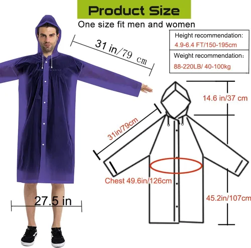 Miniatura 20 de Abrigos de lluvia (paquete de 2) – Ponchos de lluvia reutilizables de EVA para adultos, chaquetas impermeables para hombres y mujeres