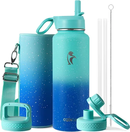 Miniatura 42 de Coolflask Botella de agua de 20 onzas aislada con pajilla, 3 tapas de metal de acero inoxidable, botella de agua de boca ancha para deportes u