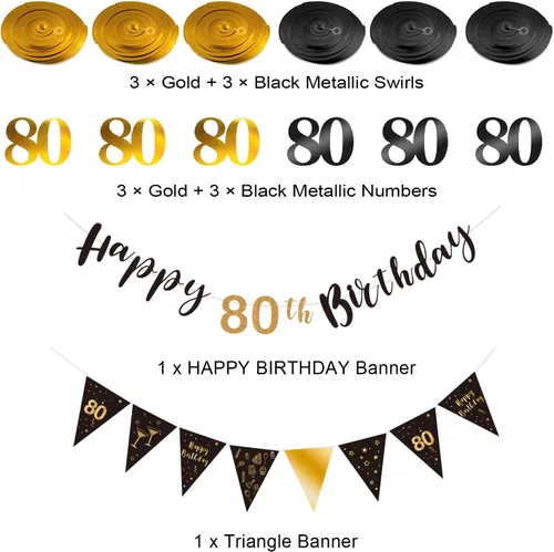 Miniatura 2 de Kit de decoración de cumpleaños número 80: pancarta de feliz 80, banderines, serpentinas y banderas triangulares en negro y dorado