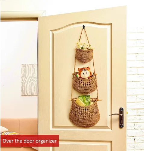Miniatura 6 de Cesta colgante de frutas, cesta colgante de pared de yute tejida de 3 niveles para organizar, cesta colgante de productos para almacenamiento