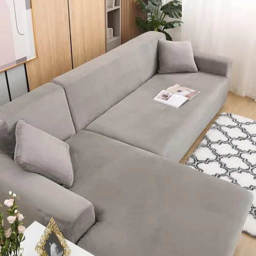 Miniatura 3 de Fundas para sofá modular, 2 fundas de sofá en forma de L con fundas de almohada, fundas elásticas de terciopelo para sofá de 3 + 3 plazas, fundas