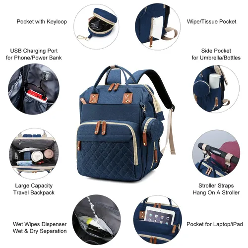 Miniatura 4 de Awanhe Mochila para pañales para bebé con cambiador, bolsas impermeables para niños y niñas, puerto de carga USB, color azul Negro