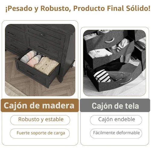 Miniatura 4 de GarveeHome Cómoda de 6 cajones para dormitorio, cómoda de 47 pulgadas de ancho con almacenamiento independiente, baúl de almacenamiento de madera
