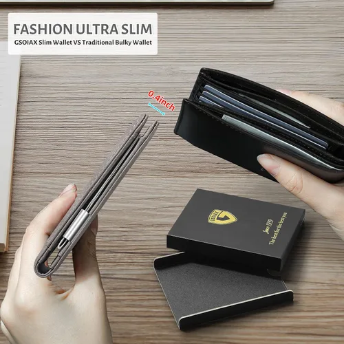 Miniatura 10 de GSOIAX Cartera delgada de cuero plegable RFID para hombre, billetera minimalista con bolsillo frontal con clip para dinero, 12 ranuras para Negro