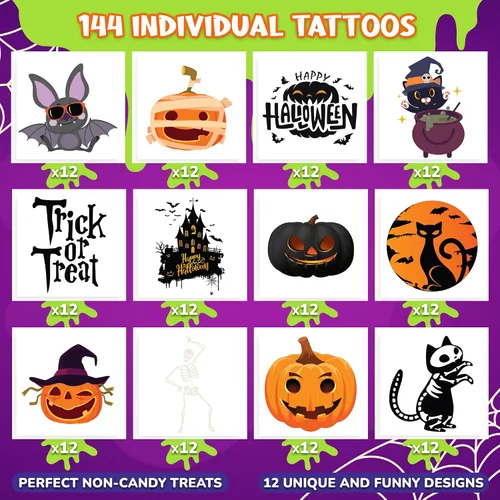 Miniatura 2 de ArtCreativity Tatuajes temporales individuales de Halloween que brillan en la oscuridad para niños, juego de 144 tatuajes en 12 diseños