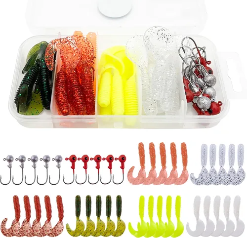 40 piezas de gancho de cabeza de plantilla, señuelos suaves, cebo de silicona artificial, gusano de pesca suave, kit de aparejos para pesca de