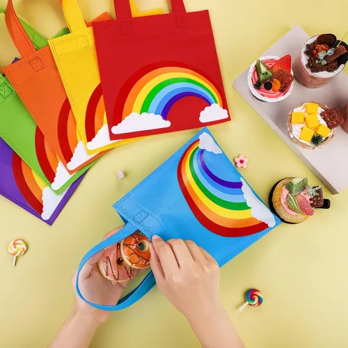 Miniatura 6 de Aneco 24 bolsas de dulces no tejidas, bolsas de regalo de fiesta de arco iris, bolsas de regalo de 8 x 8 pulgadas, 6 colores, bolsas de regalo