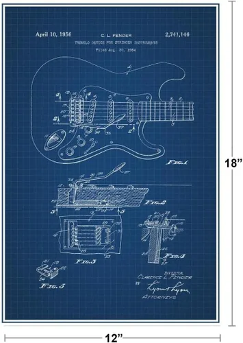 Miniatura 3 de Guitarra eléctrica 1956 Oficina de Patentes Oficina Oficial Diseño de Blueprint Instrumento de cuerda Rock Roll Banda de música Cuerdas Trastes