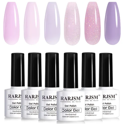 Miniatura 21 de RARJSM Juego de Esmaltes de Gel Nude Colección Jelly Pink de 6 Colores Naturales Transparentes Rosa Translúcido Lechoso Malva Morado Marrón Claro
