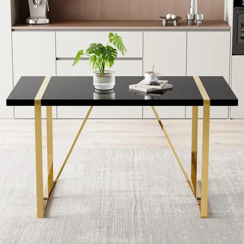 Miniatura 2 de Mesa de comedor Ebullient para 4, mesa de comedor rectangular negra de MDF, tapa de mesa de cena de mármol falso, mesa de comedor moderna con marco
