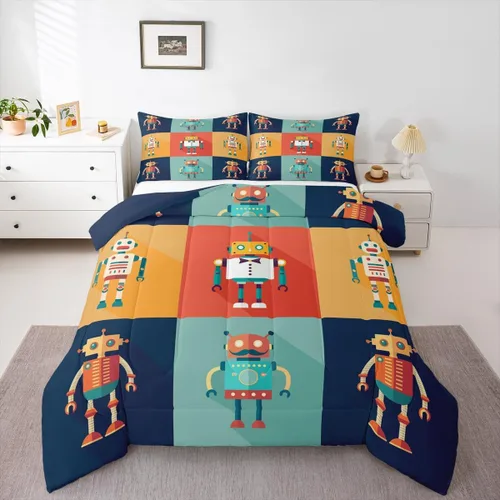 Erosebridal Juego de edredón de robot tamaño Queen, juego de ropa de cama de decoración de robot espacial para dormitorio de niños y niños, juego de