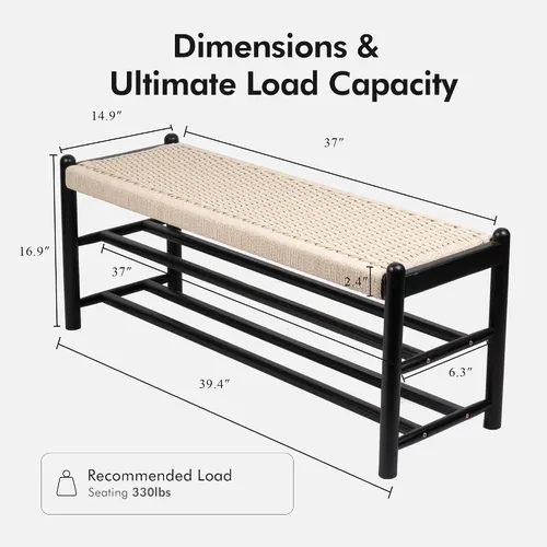 Miniatura 2 de Banco de madera maciza para entrada con almacenamiento para zapatos, diseño rústico en roble y tejido, 39.4 pulgadas de largo, asiento para sala