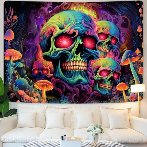 Miniatura 3 de Tapiz de calavera con luz negra, arte de pared de esqueleto reactivo a los rayos UV para dormitorio, pósteres de luz negra para adultos, tapiz