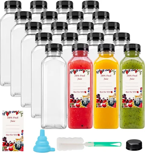 Miniatura 10 de SUPERLELE 12 botellas de plástico de 8 onzas con tapas, recipientes transparentes reutilizables para jugo con etiquetas, embudo y cepillo