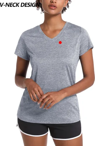 Miniatura 3 de MAGCOMSEN Camiseta de manga corta con cuello en V para mujer, absorbe la humedad, camiseta de entrenamiento atlético, ropa deportiva, tops de yoga