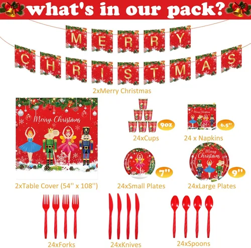 Miniatura 2 de Ziliny 172 piezas de suministros de fiesta de cascanueces – Cartel de Feliz Navidad, mantel, vajilla desechable, servilletas para fiestas temáticas