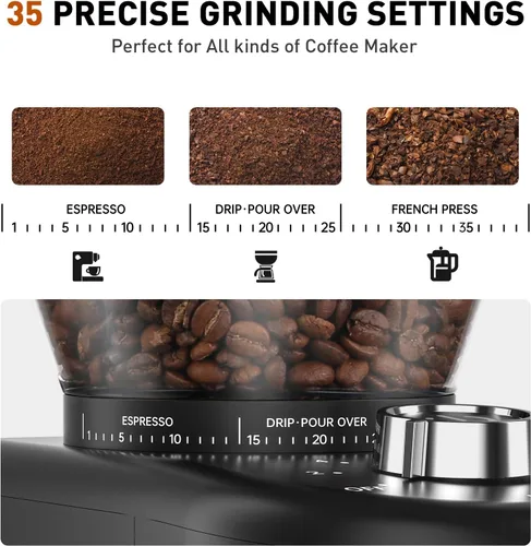 Miniatura 2 de Secura Molinillo de café cónico de acero inoxidable, 35 ajustes de molienda, capacidad de 2 a 12 tazas, almacenamiento de granos de 8.8 onzas