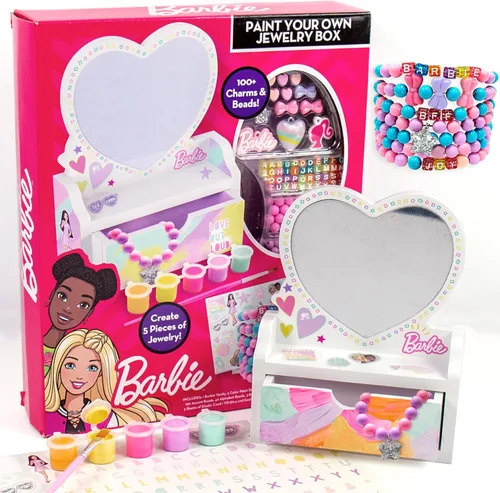 Barbie pinta tu propio joyero, personaliza un tocador en forma de corazón y joyero con pinturas acrílicas, crea 5 piezas de joyería, más de 100
