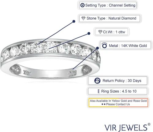 Miniatura 11 de VIR JEWELS Anillo de boda de diamante blanco de 1 cttw a 2 quilates para mujer, juego de canales de oro de 14 quilates, tamaño 4.5-10