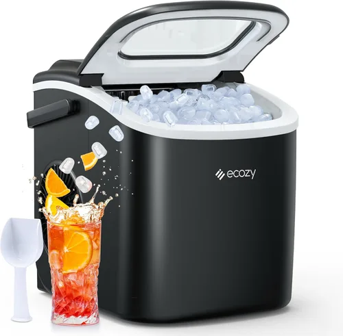 Ecozy Encimera de máquina de hielo, máquina de hielo portátil con asa de transporte, 12 kg en 24 horas, 9 cubos de hielo listos en 6 minutos, Negro