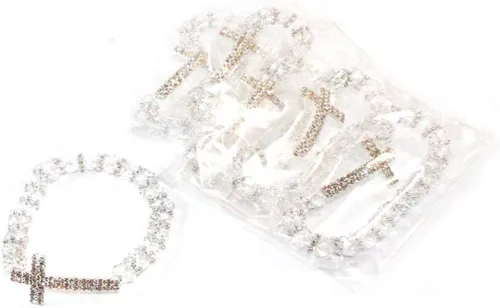 Miniatura 2 de Pulsera de plata con cuentas de cruz de diamantes de imitación para bautismo, primera comunión, rosario de perlas cristianas católicas con bolsa