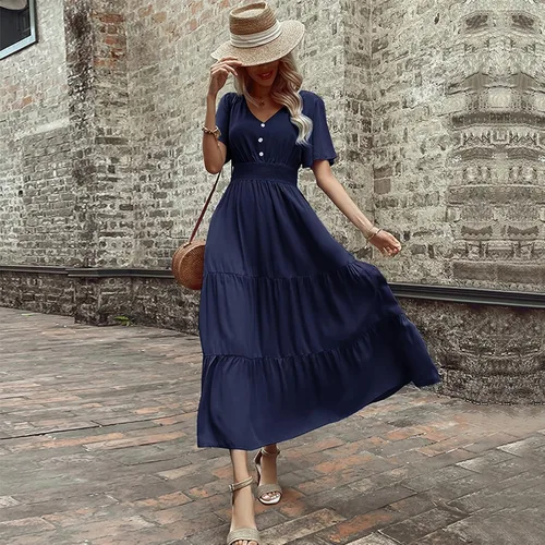 Miniatura 3 de Vestidos de regreso a casa para mujer, con botones sólidos, cuello en V, longitud de la cintura, vestido casual de verano, vestido grueso, S-XL