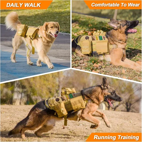 Miniatura 6 de AIWAI Arnés táctico para perro con bolsas, arnés de chaleco para perros grandes y medianos, arnés militar ajustable sin tirones con asa, caminar