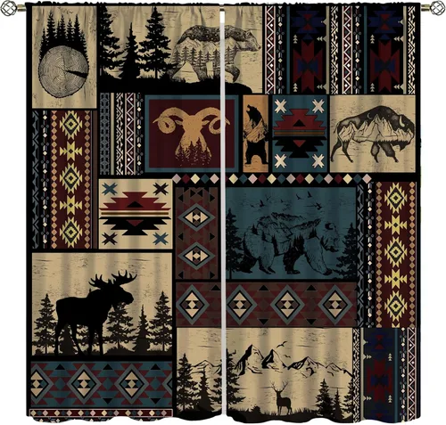 Miniatura 10 de Cortinas rústicas de alce y oso, tratamiento retro para ventana de cabaña de oso salvaje para dormitorio, cocina, cortinas de estilo rústico Retro
