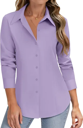 Miniatura 15 de HOTOUCH Camisas de manga larga con botones para mujer, camisas de vestir con protección contra manchas, ajuste delgado, blusas de trabajo, oficina
