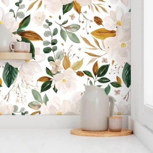 Miniatura 8 de Spoonflower Papel tapiz para despegar y pegar - Papel pintado extraíble personalizado con flores de magnolias florales doradas