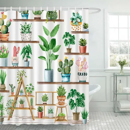 Miniatura 2 de Cortina de ducha de plantas verdes de granja, cortina de ducha bohemia con plantas en maceta para baño, cactus suculentas, decoración para baño