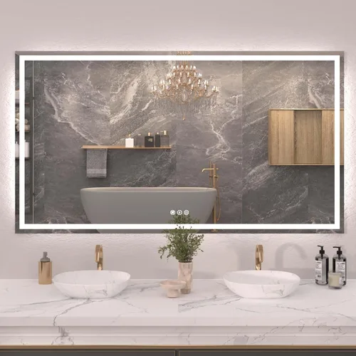 Miniatura 64 de Snowdool Espejo LED de baño, 32 x 32 pulgadas con luz frontal y retroiluminada, antivaho, espejo de tocador de baño para pared, función de memoria