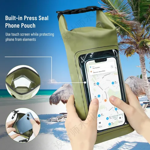 Miniatura 2 de Bolsa seca impermeable de 2 litros, funda enrollable para teléfono de playa, bolsa seca ligera para natación, kayak, campamento, pesca, viajes, Verde