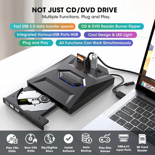 Miniatura 2 de ROOFULL Unidad externa de CD DVD USB 3.0 y USB-C, quemador de CD ROM, reproductor de DVD con USB Hub y lector de tarjeta SD, unidad óptica portátil