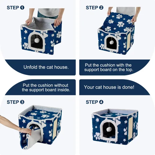 Miniatura 6 de Casas para gatos de interior, bonita cueva para gatos con bola esponjosa para colgar y almohadilla para rascar, escondite plegable para gatitos, 17