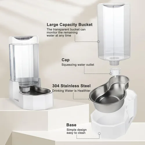 Miniatura 4 de Sfozstra Dispensador Automático de Agua para Mascotas: Cuenco de Agua de Acero Inoxidable Blanco por Gravedad de 8L - con Cepillo Especializado