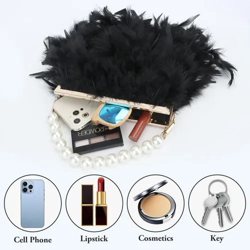 Miniatura 3 de Bolsos de mano de plumas para mujer, bolsos de noche esponjosos de perlas para boda, aniversario, fiesta