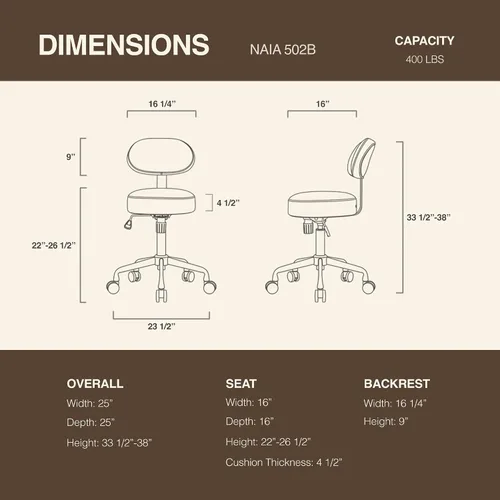 Miniatura 3 de Taburete giratorio de altura ajustable con respaldo inclinable para clínica dental, salón, oficina y bar, NAIA 502B (negro)
