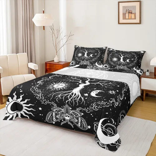 Miniatura 15 de Erosebridal Juego de sábanas tamaño individual con estampado de luna, diseño de flores de loto, color morado degradado, juego de sábanas orientales